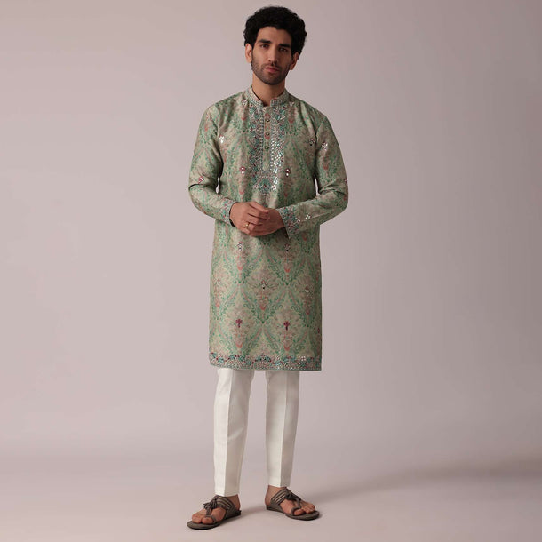 Green Festive Silk Kurta Set For Men