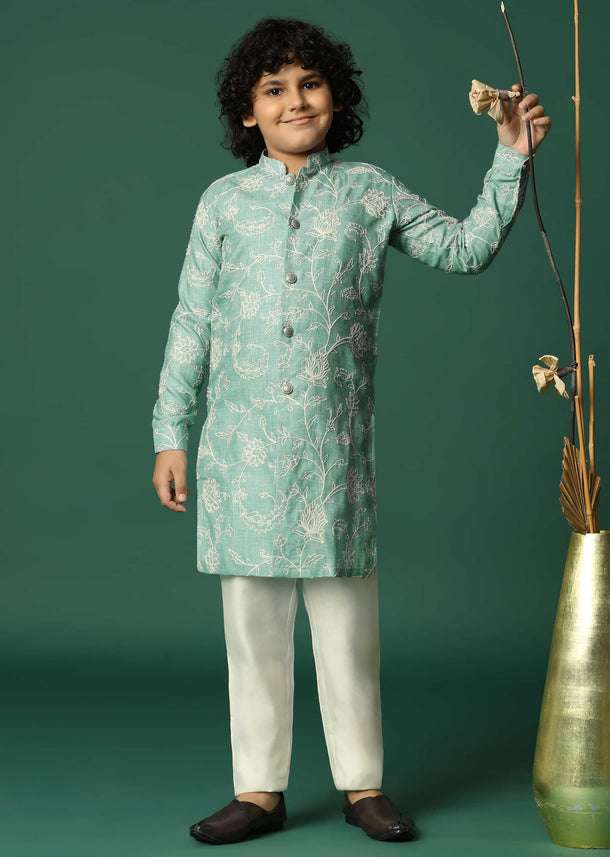 Green Floral Cotton Kurta Pant With Resham Work For Boys