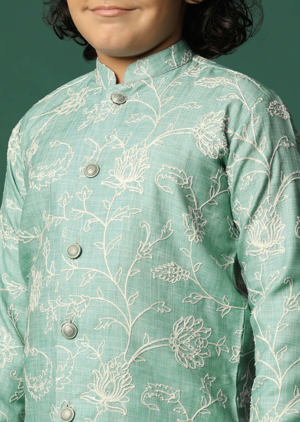 Green Floral Cotton Kurta Pant With Resham Work For Boys