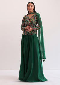 Green Floral Embroidered Top And Palazzo Set