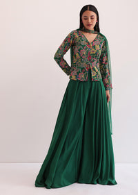 Green Floral Embroidered Top And Palazzo Set