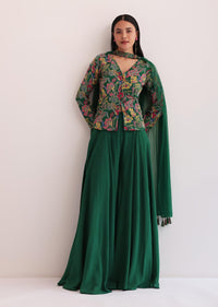 Green Floral Embroidered Top And Palazzo Set