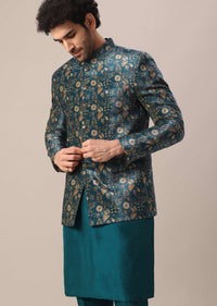 Green Floral Print Velvet Jacket And Kurta Set