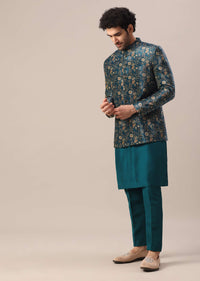 Green Floral Print Velvet Jacket And Kurta Set