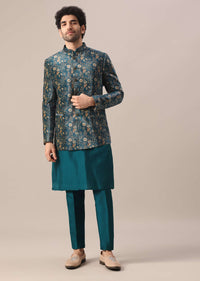 Green Floral Print Velvet Jacket And Kurta Set