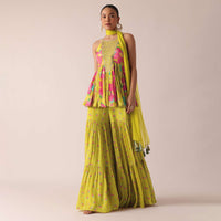 Green Floral Print Kurta And Sharara Set