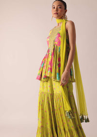 Green Floral Print Kurta And Sharara Set