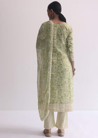 Green Floral Print Kurti Pant Set With Mirror Sequins