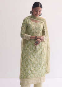 Green Floral Print Kurti Pant Set With Mirror Sequins