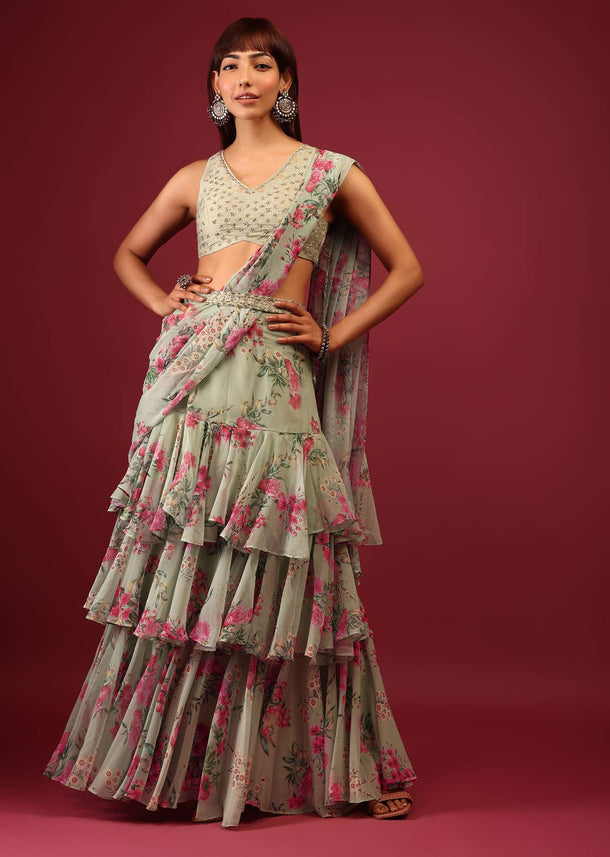 Mint Green Floral Print Pleated Lehenga Saree In Layered Frill Pattern With An Embellished Blouse