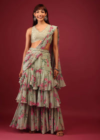 Mint Green Floral Print Pleated Lehenga Saree In Layered Frill Pattern With An Embellished Blouse