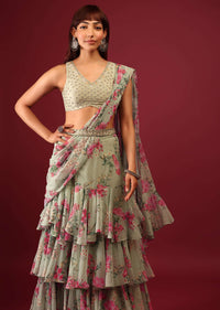 Mint Green Floral Print Pleated Lehenga Saree In Layered Frill Pattern With An Embellished Blouse