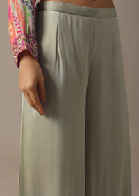 Green Floral Print Shirt And Palazzo Set With Belt