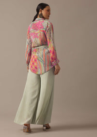 Green Floral Print Shirt And Palazzo Set With Belt