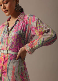 Green Floral Print Shirt And Palazzo Set With Belt