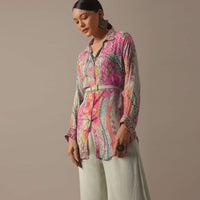 Green Floral Print Shirt And Palazzo Set With Belt