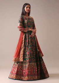 Green Floral Printed Anarkali Suit Set In Silk