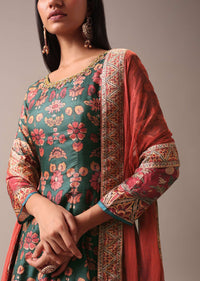 Green Floral Printed Anarkali Suit Set In Silk