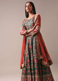 Green Floral Printed Anarkali Suit Set In Silk