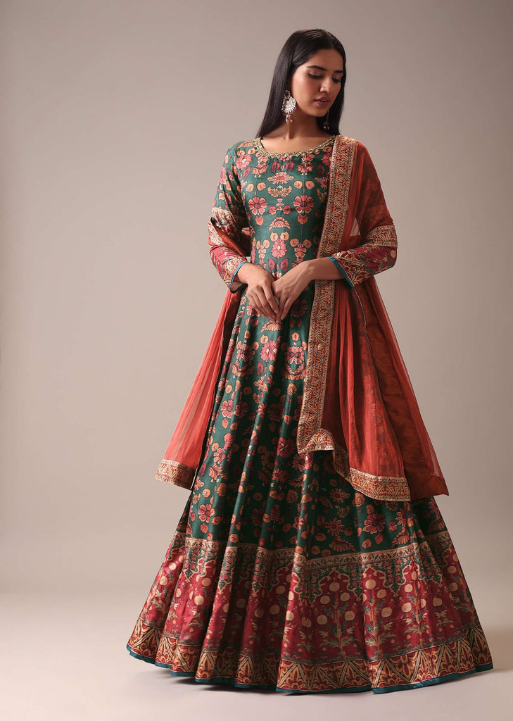 Green Floral Printed Anarkali Suit Set In Silk