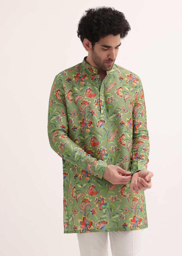 Green Floral Printed Silk Short Kurta Set For Men
