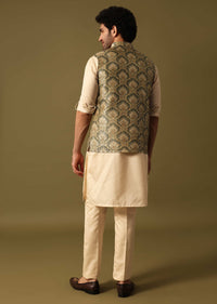 Green Foil Printed Kurta Jacket Set For Men