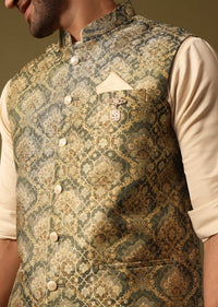 Green Foil Printed Kurta Jacket Set For Men