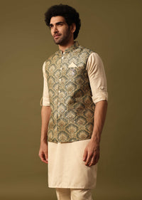 Green Foil Printed Kurta Jacket Set For Men