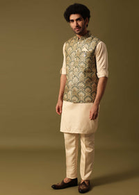 Green Foil Printed Kurta Jacket Set For Men