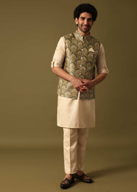 Green Foil Printed Kurta Jacket Set For Men