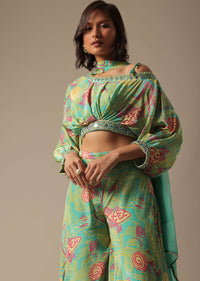 Green Fusion Palazzo Set With Printed Detail