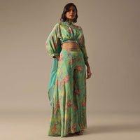 Green Fusion Palazzo Set With Printed Detail