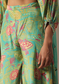 Green Fusion Palazzo Set With Printed Detail