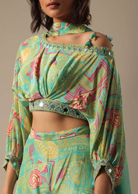 Green Fusion Palazzo Set With Printed Detail