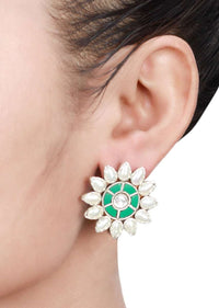 Green Gemstone Studs In Handmade Floral Pattern With White Beads Made In Sterling Silver By Sangeeta Boochra