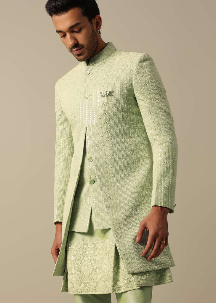 Green Georgette Indowestern Sherwani Set For Men