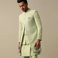 Green Georgette Indowestern Sherwani Set For Men