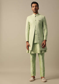 Green Georgette Indowestern Sherwani Set For Men