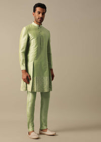 Green Georgette Indowestern Sherwani Set For Men