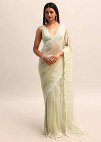 Green Georgette Pearl Embroidered Saree With Unstitched Blouse