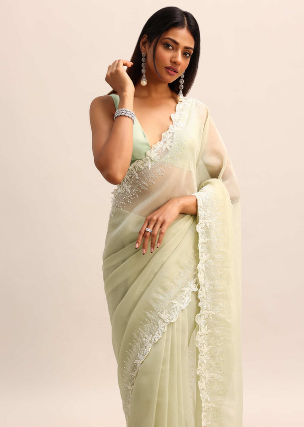 Green Georgette Pearl Embroidered Saree With Unstitched Blouse