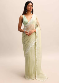 Green Georgette Pearl Embroidered Saree With Unstitched Blouse