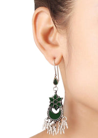 Green Glass Work Earrings In Crescent And Floral Design With Dangling Tassels Made In Sterling Silver By Sangeeta Boochra