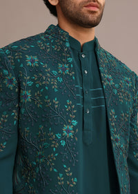 Green Hand Embroidered Indo Western Suit