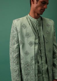 Green Hand Embroidered Indowestern Jacket Set With Pants