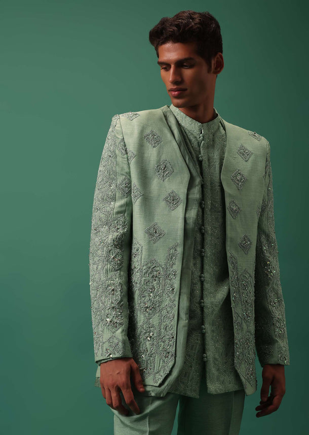 Green Hand Embroidered Indowestern Jacket Set With Pants