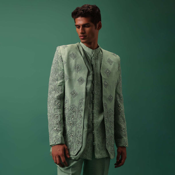 Green Hand Embroidered Indowestern Jacket Set With Pants