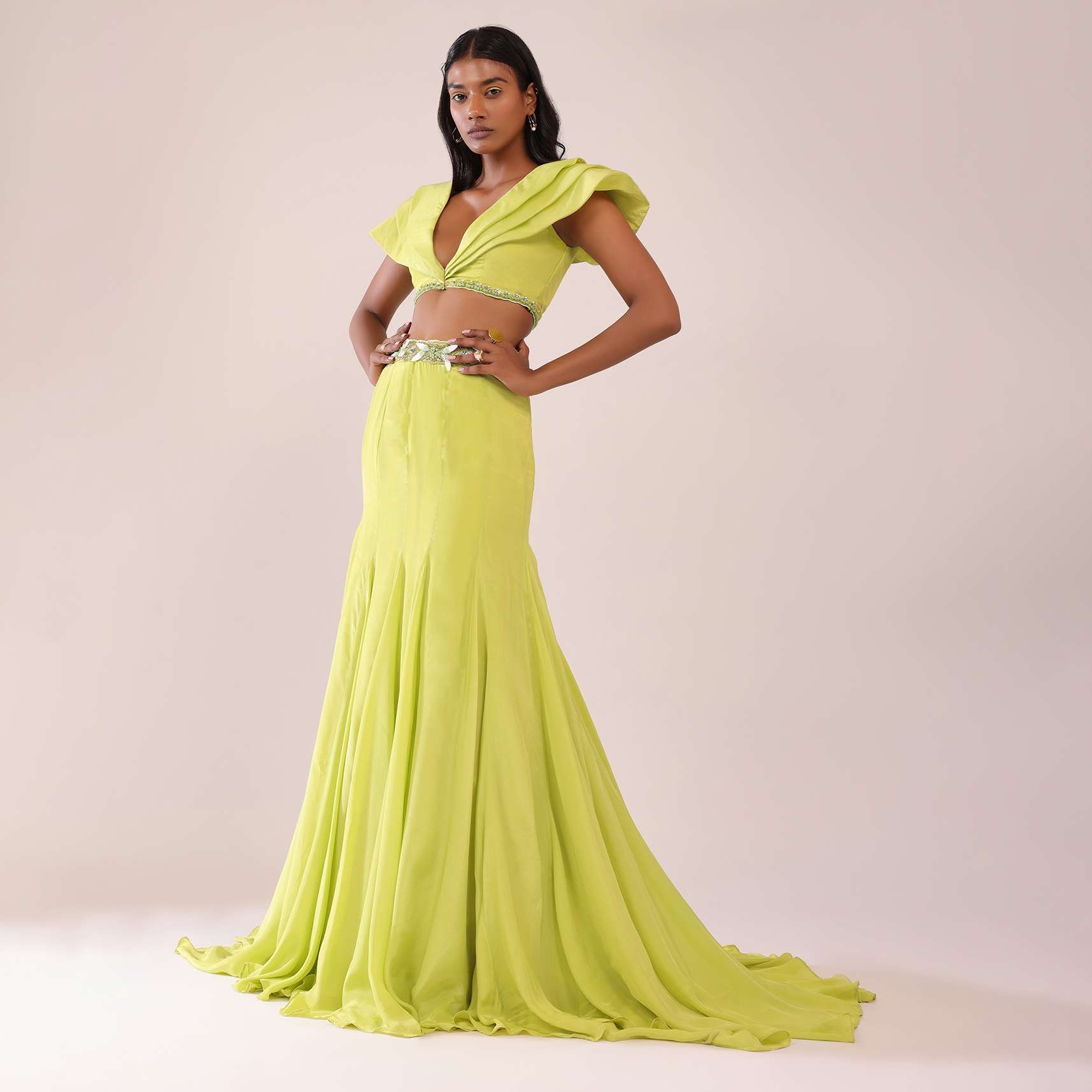 Sheen Green Paneled Lengha And Blouse With Elaborated Sleeves In Crepe