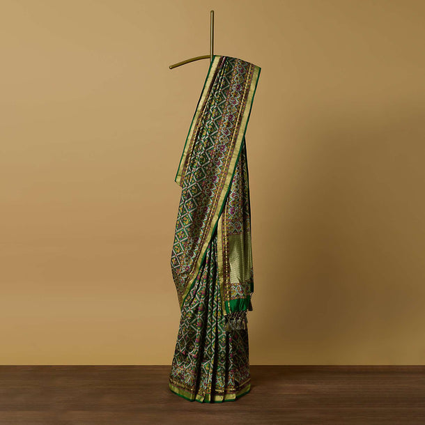 Green Handloom Katan Silk Banarasi Ikat Patola Weave Saree With Unstitched Blouse Piece