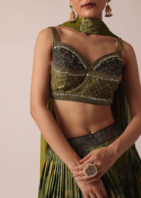 Green Handloom Lehenga Set With Sequin Embroidery